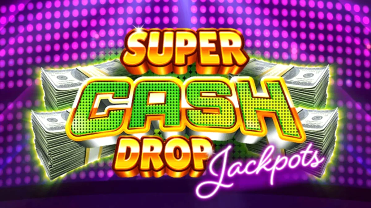 Tampilan visual slot Super Cash Drop Jackpots dengan tema brankas neon