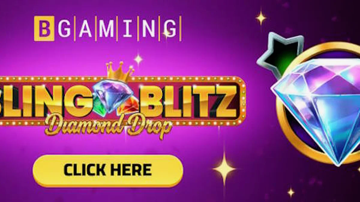 Tampilan visual slot Bling Blitz Diamond Drop dengan tema berlian dan peti harta karun.