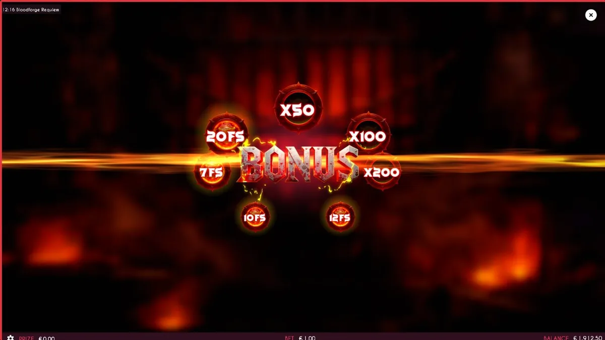 Tampilan visual slot Bloodforge Requiem dengan tema bengkel pandai besi gelap