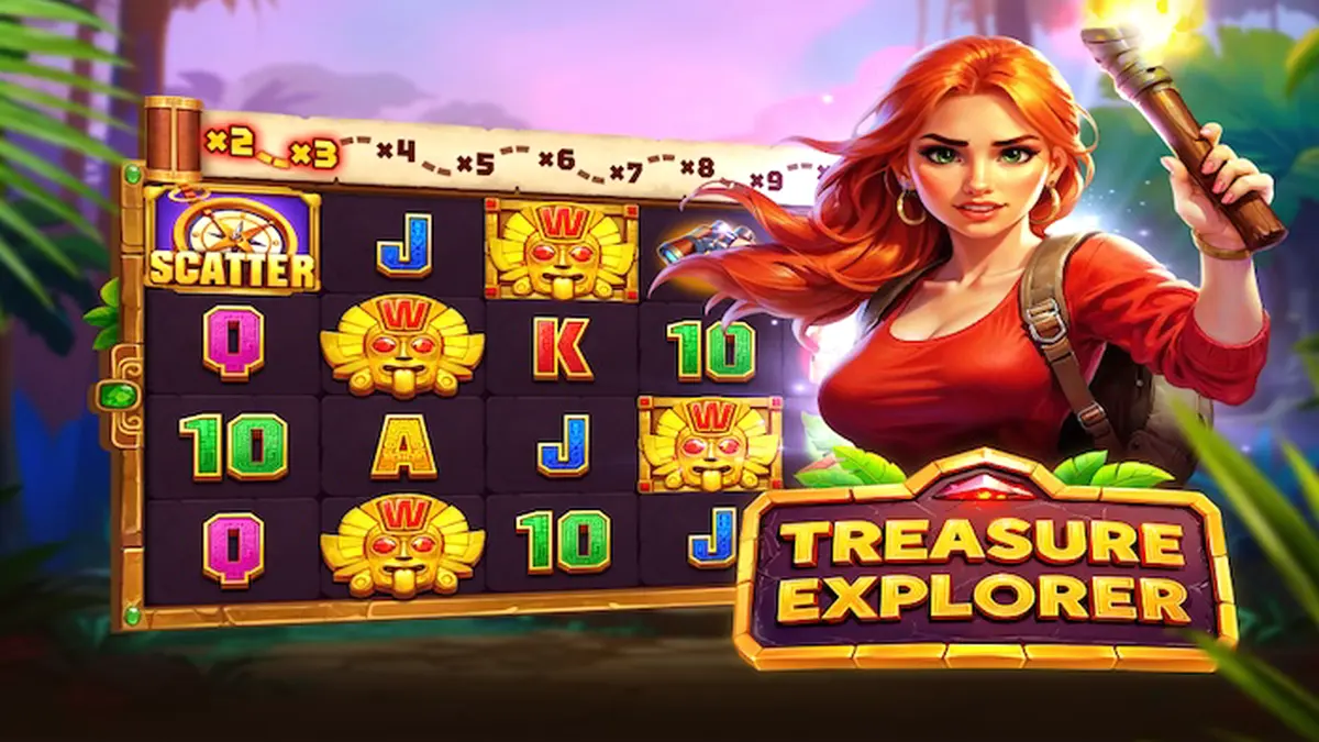 Pemandangan hutan kuno dengan gulungan slot Treasure Explorer